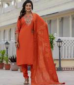Orange embroidered roman silk kurta set with dupatta