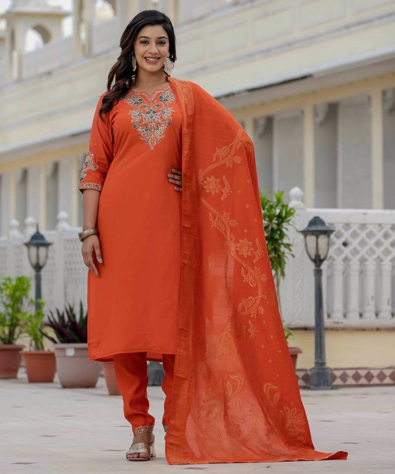 Orange embroidered roman silk kurta set with dupatta