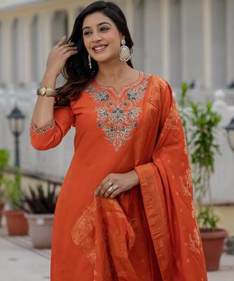 Orange embroidered roman silk kurta set with dupatta 3