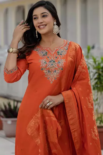 Orange embroidered roman silk kurta set with dupatta
