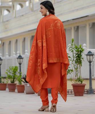 Orange embroidered roman silk kurta set with dupatta 4