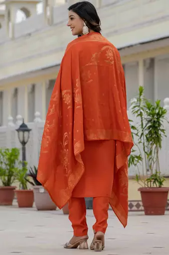 Orange embroidered roman silk kurta set with dupatta
