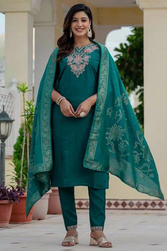 Teal embroidered roman silk kurta set with dupatta