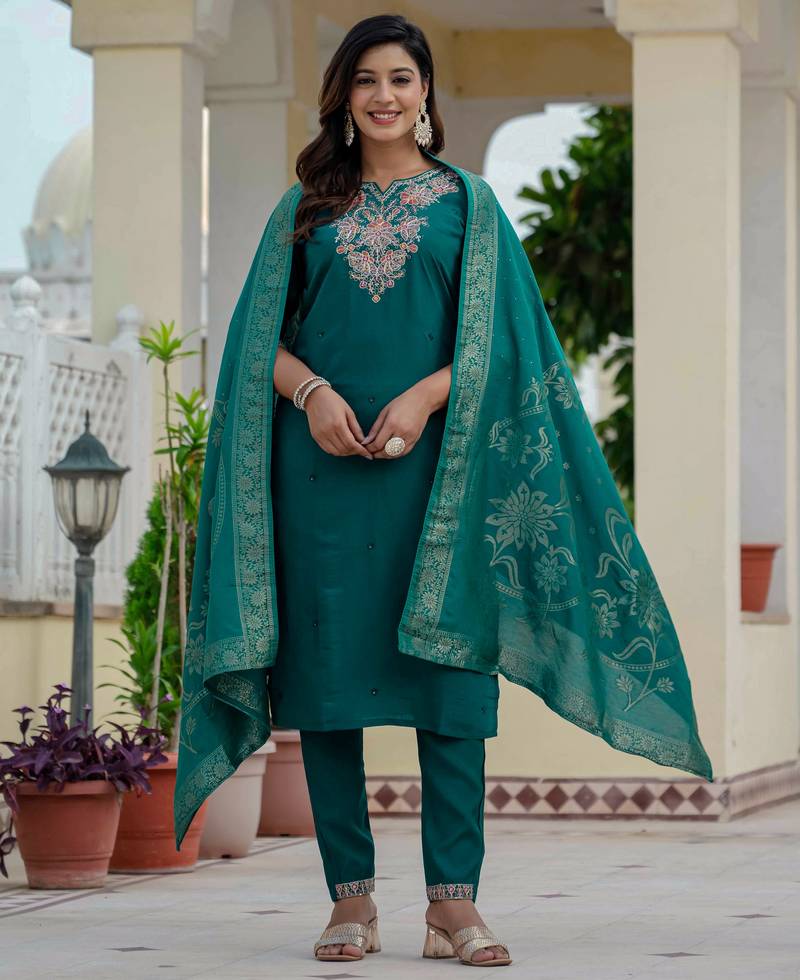 Teal embroidered roman silk kurta set with dupatta
