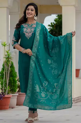 Teal embroidered roman silk kurta set with dupatta