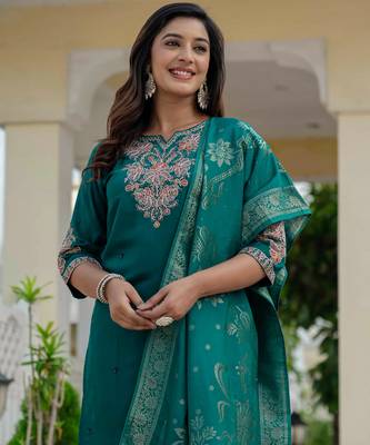 Teal embroidered roman silk kurta set with dupatta 3