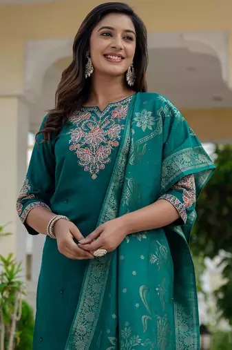 Teal embroidered roman silk kurta set with dupatta