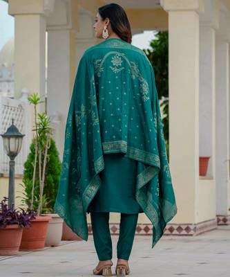 Teal embroidered roman silk kurta set with dupatta 4