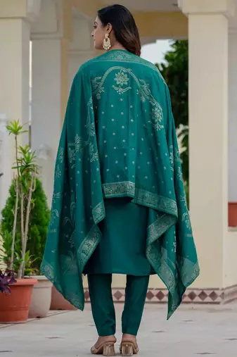 Teal embroidered roman silk kurta set with dupatta