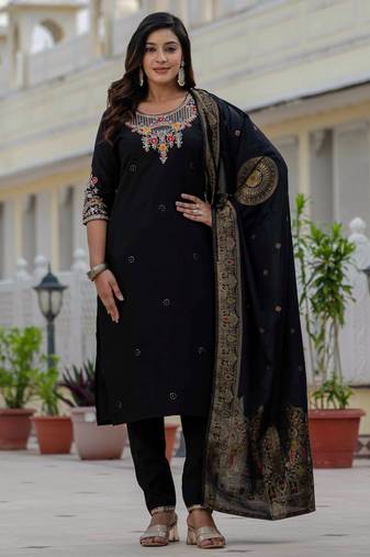 Black embroidered roman silk kurta set with dupatta