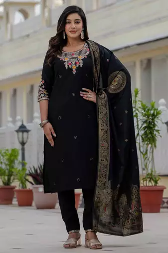 Black embroidered roman silk kurta set with dupatta