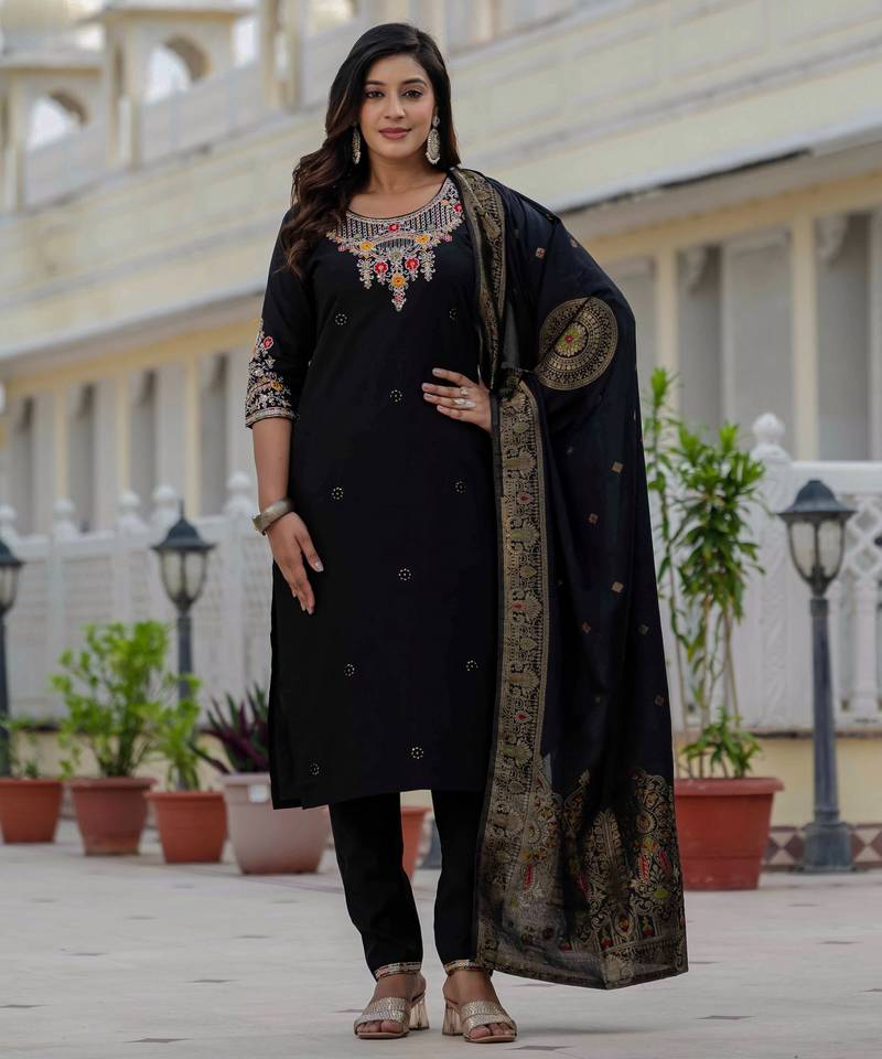 Black embroidered roman silk kurta set with dupatta
