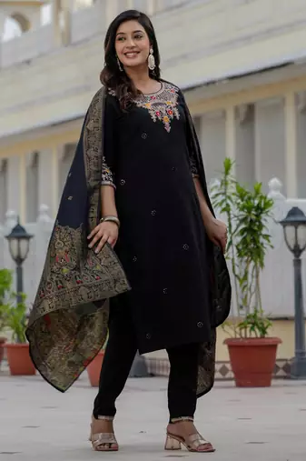 Black embroidered roman silk kurta set with dupatta