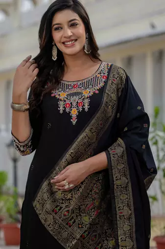 Black embroidered roman silk kurta set with dupatta