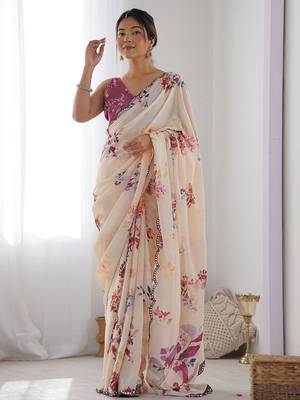 Light pink digital printed georgette saree set 2