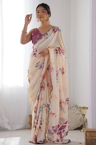 Light pink digital printed georgette saree set
