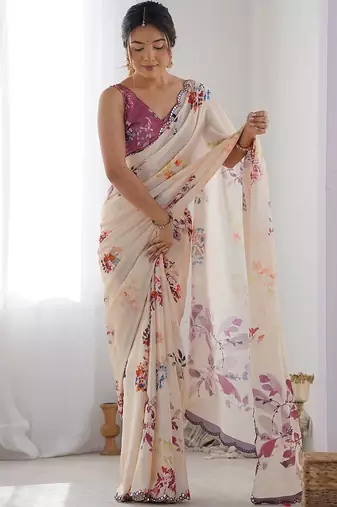 Light pink digital printed georgette saree set