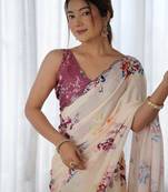 Light pink digital printed georgette saree set
