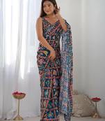Teal blue digital printed georgette saree set