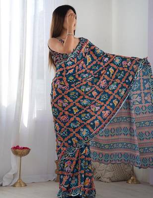 Teal blue digital printed georgette saree set 3