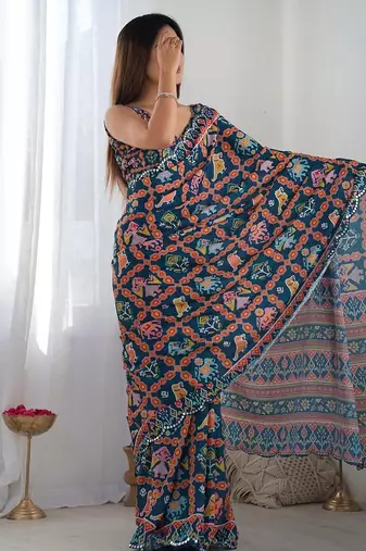 Teal blue digital printed georgette saree set