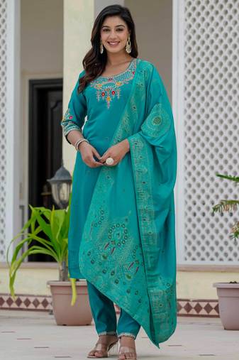 Turquoise embroidered roman silk kurta set with dupatta