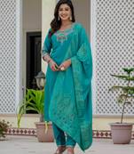 Turquoise embroidered roman silk kurta set with dupatta