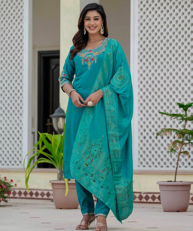 Turquoise embroidered roman silk kurta set with dupatta