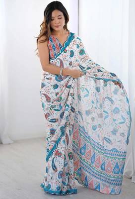 White digital printed georgette saree set 2