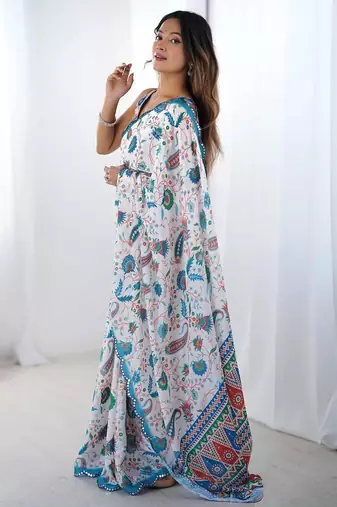 White digital printed georgette saree set