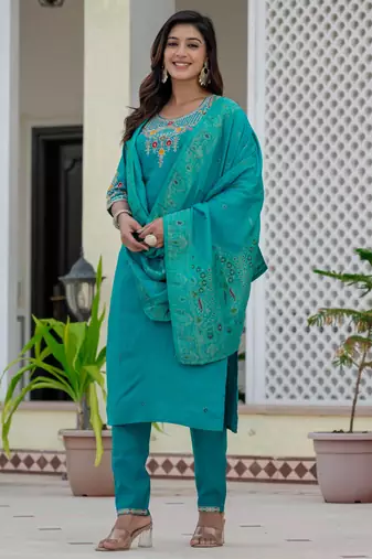 Turquoise embroidered roman silk kurta set with dupatta