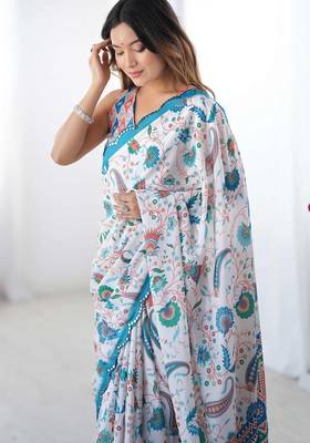 White digital printed georgette saree set 1