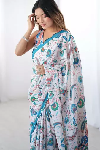 White digital printed georgette saree set