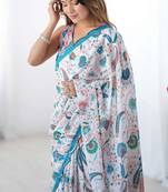 White digital printed georgette saree set