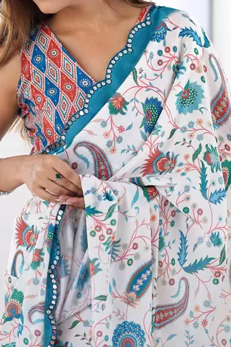 White digital printed georgette saree set