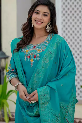 Turquoise embroidered roman silk kurta set with dupatta
