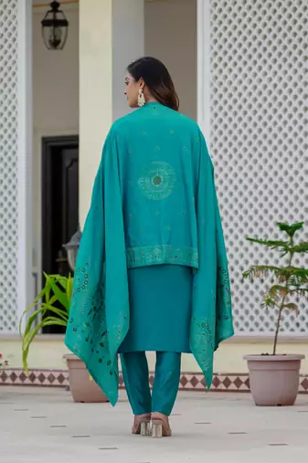 Turquoise embroidered roman silk kurta set with dupatta