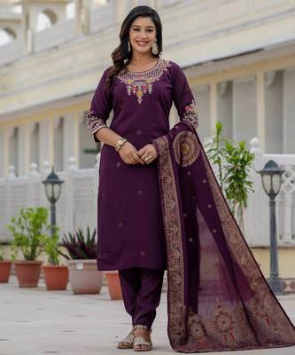 Wine embroidered roman silk kurta set with dupatta 1