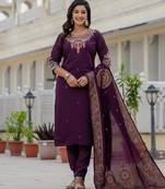 Wine embroidered roman silk kurta set with dupatta