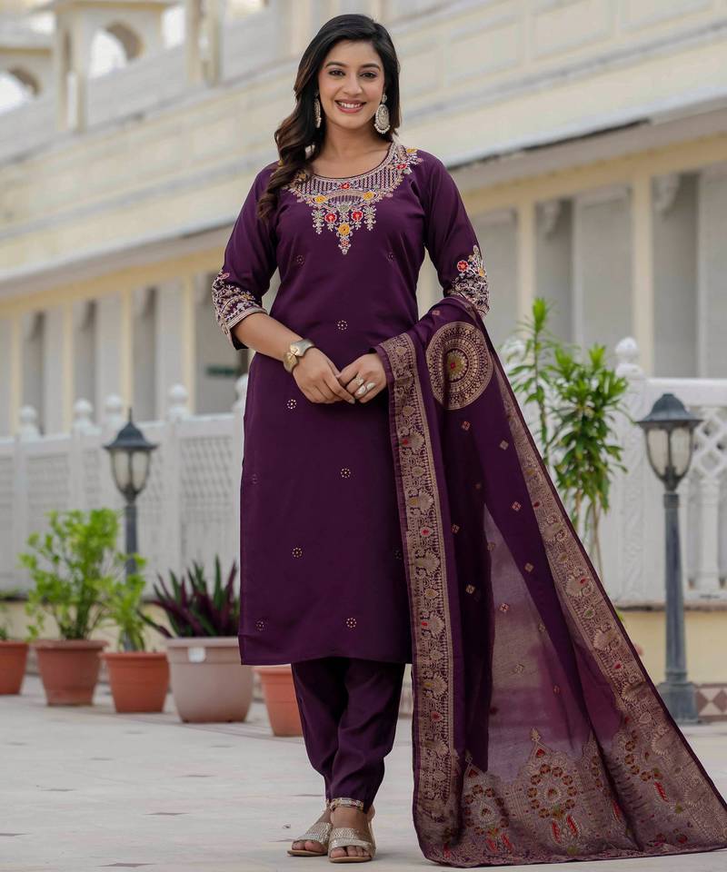 Wine embroidered roman silk kurta set with dupatta