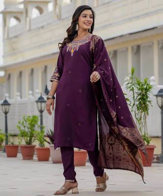 Wine embroidered roman silk kurta set with dupatta 2