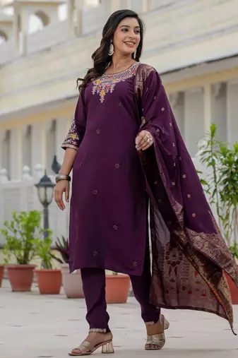 Wine embroidered roman silk kurta set with dupatta