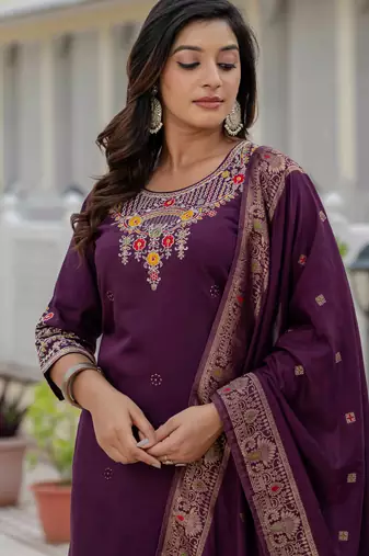 Wine embroidered roman silk kurta set with dupatta