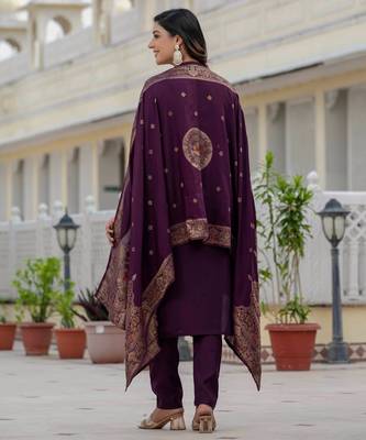 Wine embroidered roman silk kurta set with dupatta 4