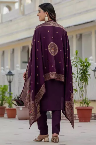 Wine embroidered roman silk kurta set with dupatta