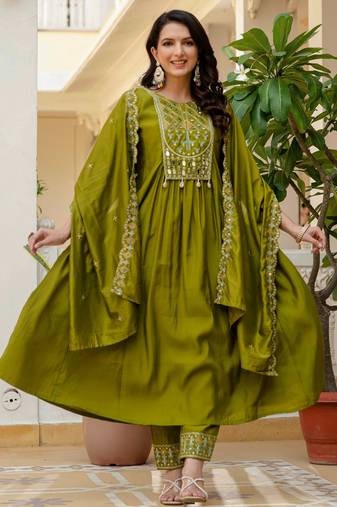 Mehendi embroidered viscose roman silk kurta set with dupatta