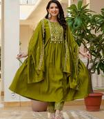 Mehendi embroidered viscose roman silk kurta set with dupatta