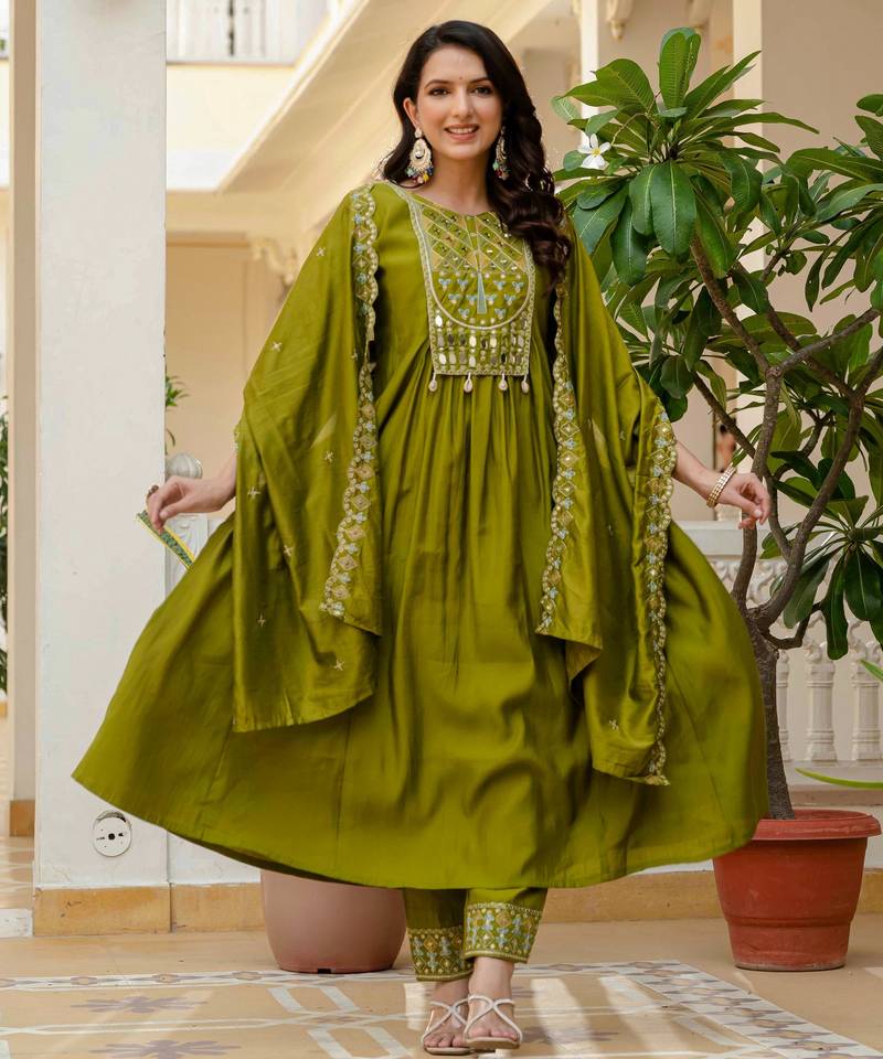 Mehendi embroidered viscose roman silk kurta set with dupatta