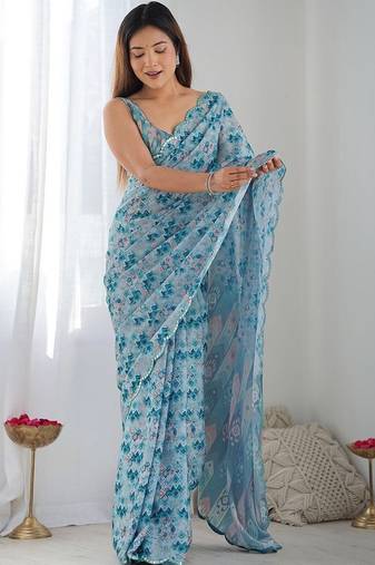 Sky blue digital printed georgette saree set