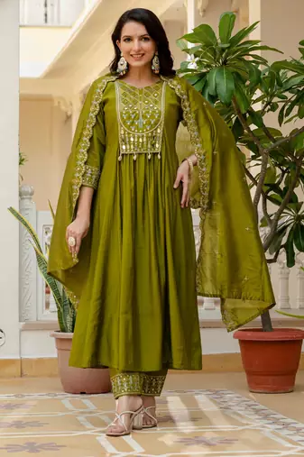 Mehendi embroidered viscose roman silk kurta set with dupatta
